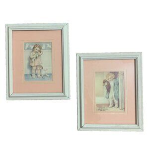Vtg Nursery Wall Art Pink Bessie Pease 2 Pc "Good Morning Love is Blind" 11 x 9
